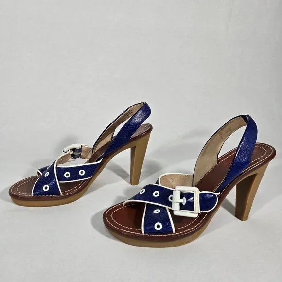 MICHAEL KORS Nautical Blue LEATHER Straps White Trim Slingback Heel Sandals 8.5M - Picture 2 of 16